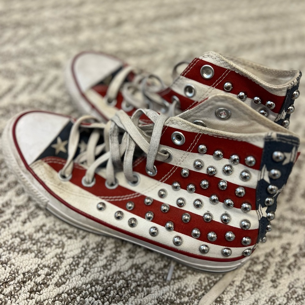 ONE of A KIND. Studded, American flag high top converse sneakers